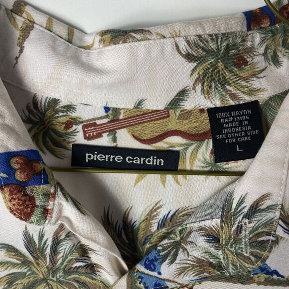 Pierre Cardin Size L Cream Hibiscus Island Hawaiian Camp Shirt Mens Short Sleeve - Picture 2 of 12